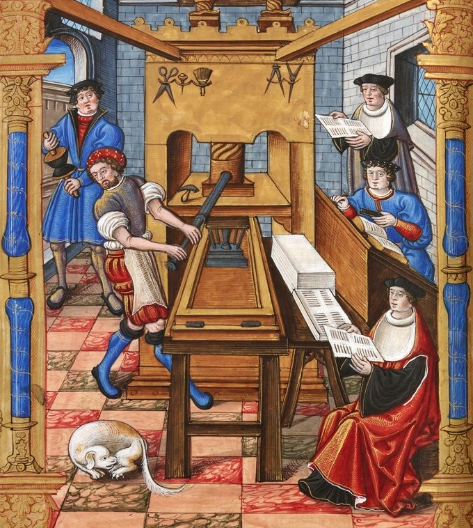 Atelier d'imprimerie (BnF, ms. Français, 1537) Chants royaux sur la Conception couronnés au Puy de Rouen, Étienne Collaud, 1530