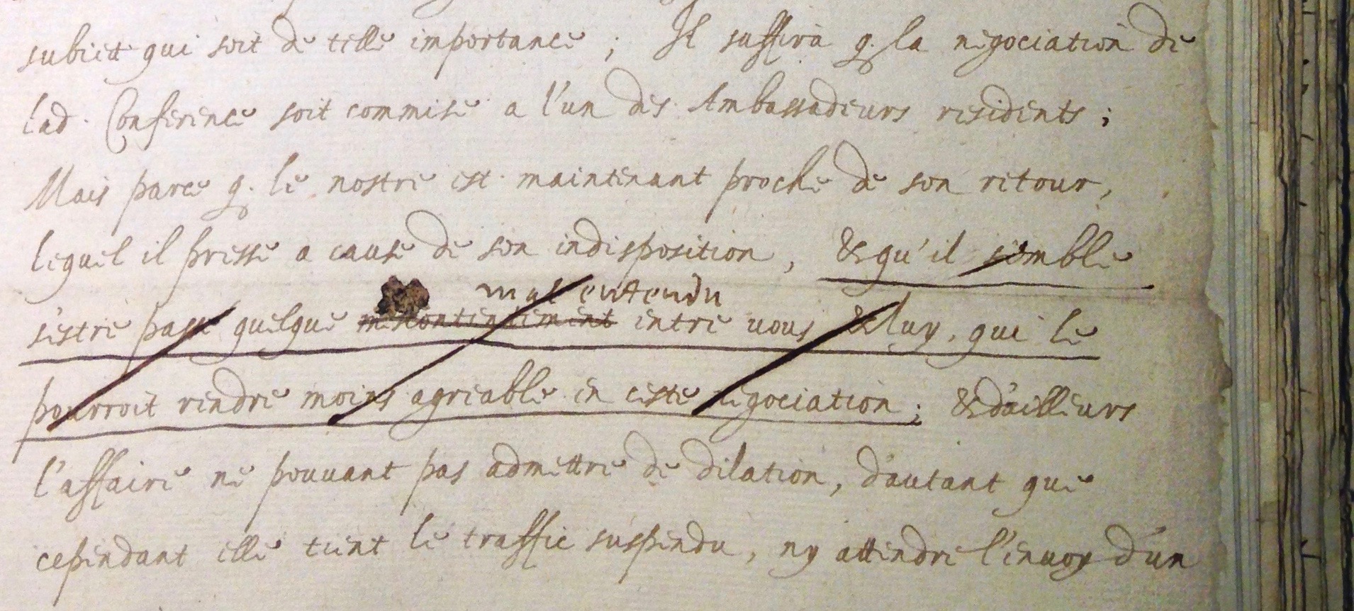 The National Archives, State Papers, Foreign, France, 78, 52, fol. 115. Robert Cecil à Villeroy, 14 avril 1605, Greenwich, copie avec annotations marginales autographes (détail).