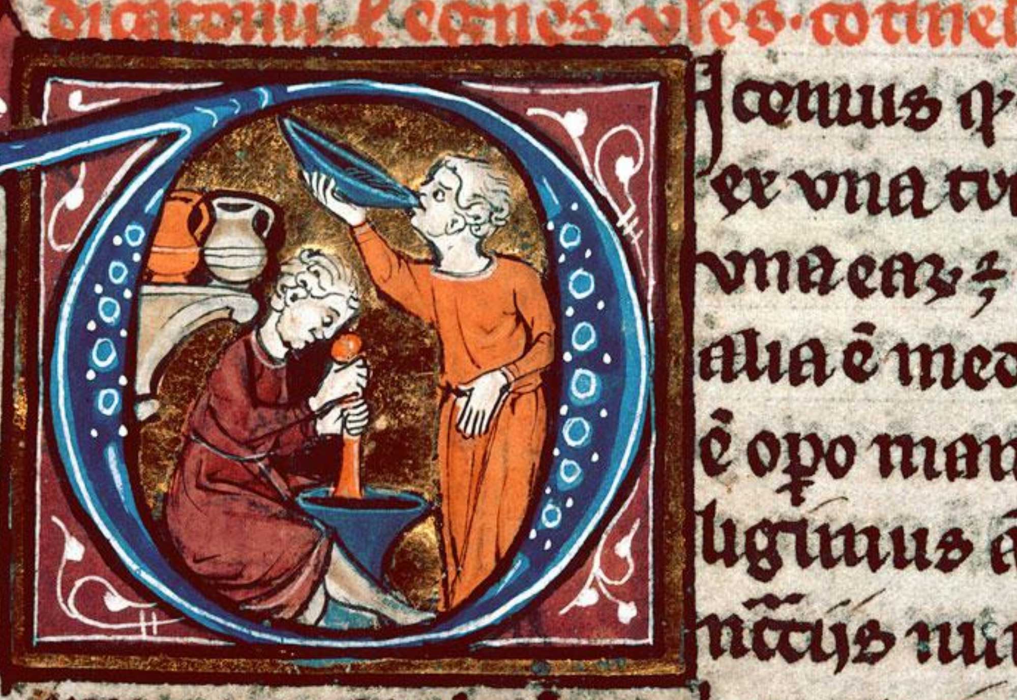 Avicenne et ses élèves, détail d’une enluminure du Canon medicinae d’Avicenne (Bibliothèque municipale de Besançon - ms. 0457 - f. 051)