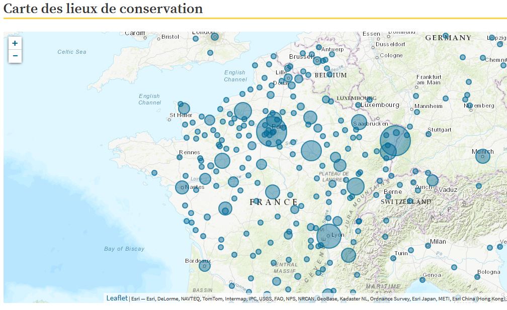 Carte des lieux de conservation - http://beta.biblissima.fr/fr/repomap-locations 