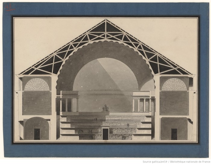 Coupe sur la largeur de la Bibliothèque Nationale, seconde variante : [projet n° 9] : [planche n° 43] , Étienne-Louis Boullée (1728-1799) : de l'architecture classique à l'architecture révolutionnaire, Jean-Marie Pérouse de Montclos, 1969, BnF