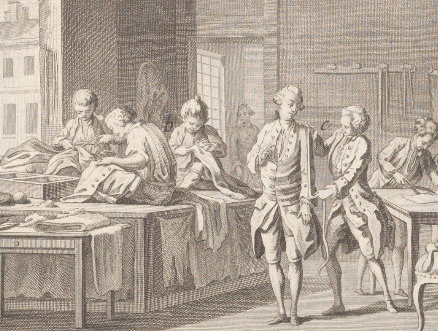 Atelier d'un tailleur d'habits (détail), planche tirée de l'Encyclopédie de Diderot et d'Alembert 