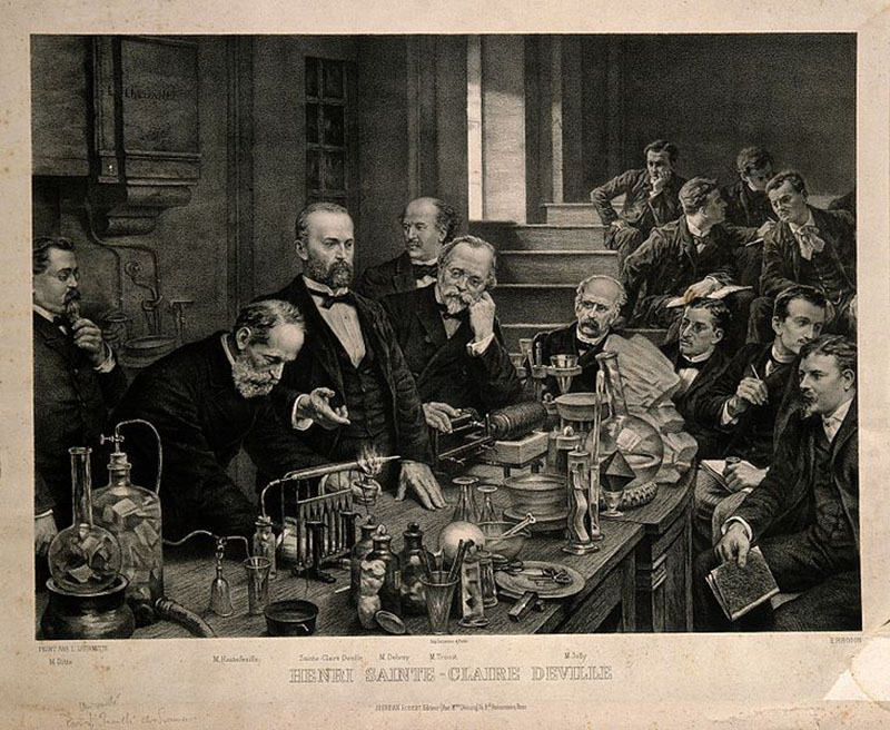 Henri Sainte-Claire Deville démontrant une expérience au laboratoire de chimie de l’École Normale Supérieure, Paris, 1878 