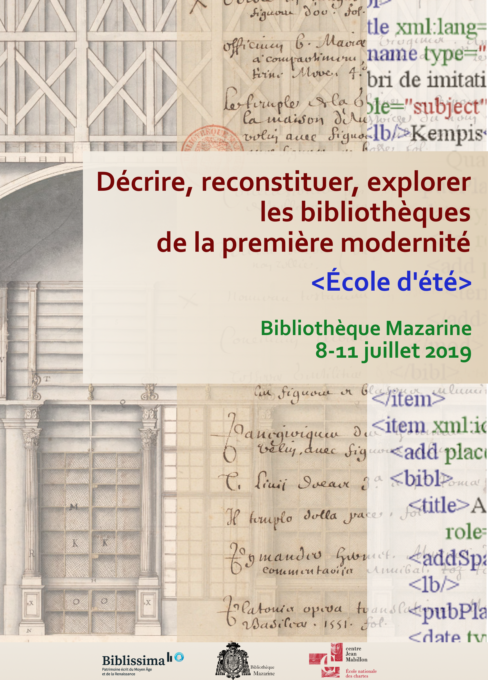 Affiche de l'école d'été « Décrire, reconstituer, explorer les bibliothèques de la première modernité »