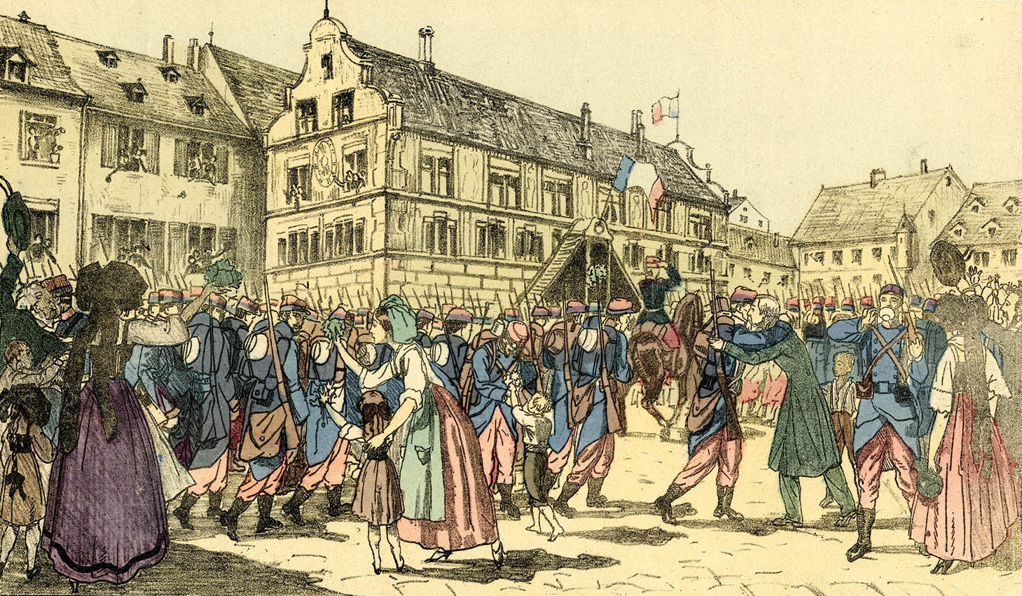 L’entrée des Français en Alsace, défilé des régiments français devant l’hôtel de Ville de Mulhouse, affiche de guerre (Archives départementales du Territoire de Belfort, 11 Fi 10.9/28)