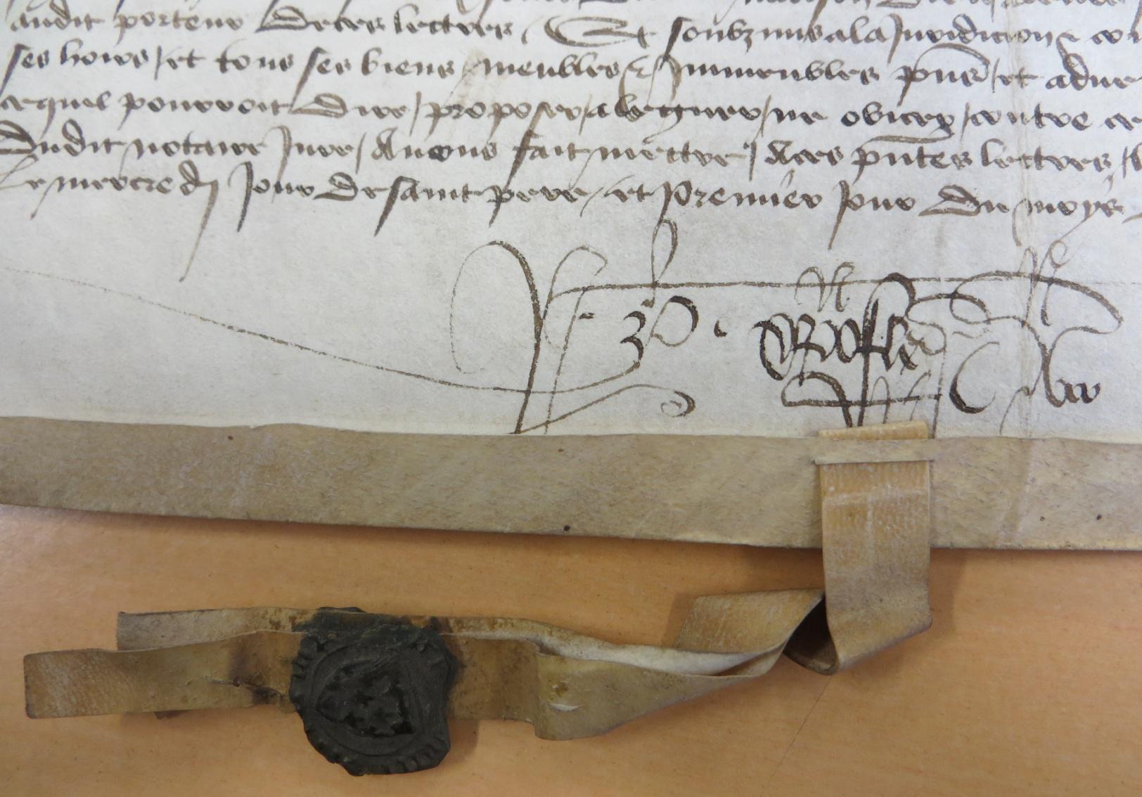 Seing de Pierre Christofle sur un document portant le sceau de la prévôté d’Orléans (ADL, H Dépôt2, 1B54, 1ᵉʳ août 1442)