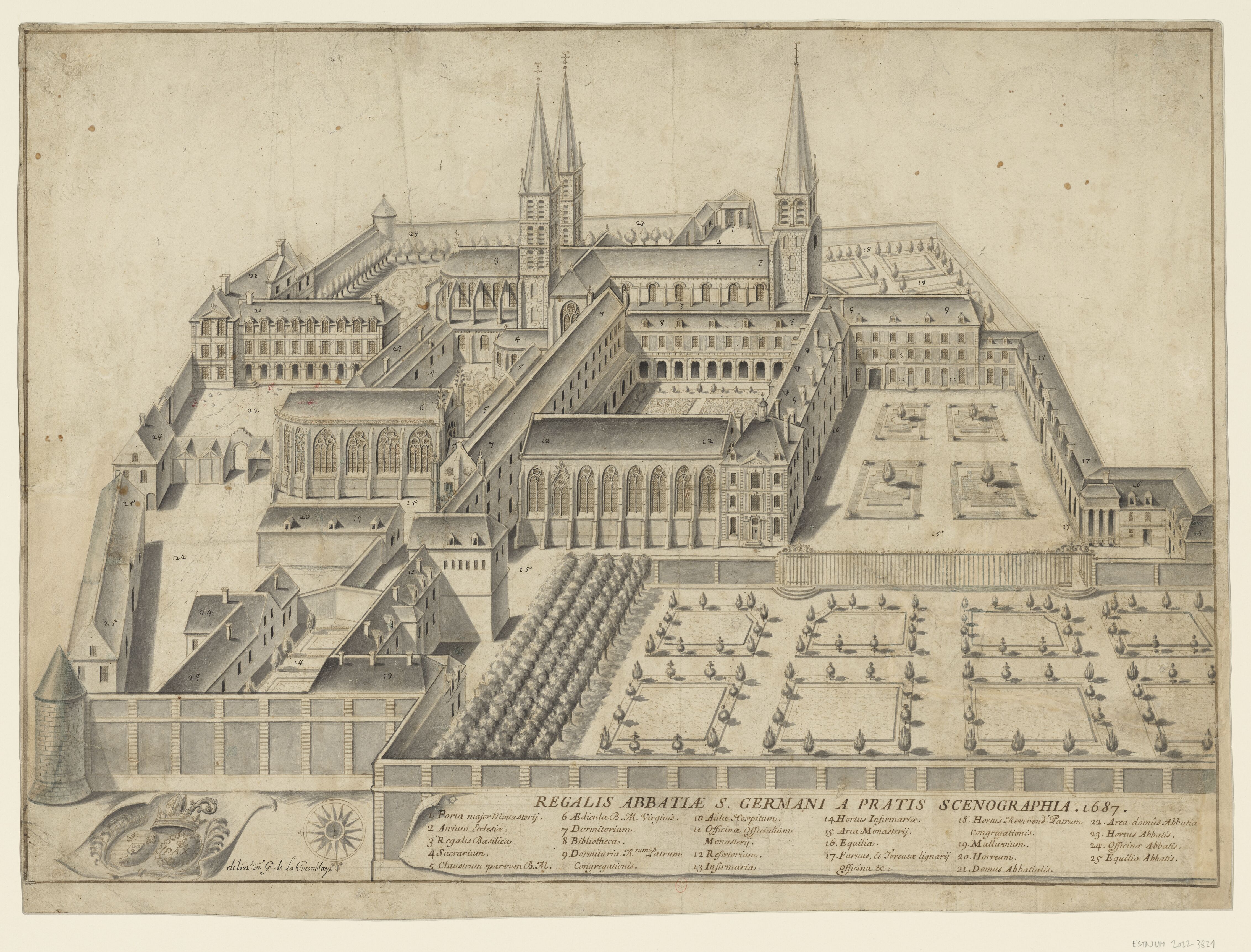 Guillaume de la Tremblaye, vue de l'abbaye de Saint-Germain-des-Prés pour le Monasticon Gallicanum, 1687, BnF, Dép. des Estampes et de la photographie 