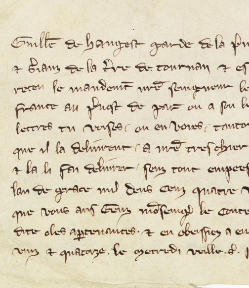 Mandement de Guillaume de Hangest, garde de la prévôté de Paris, au bailli de Tournan pour que, conformément aux ordres du roi, il fasse délivrer aux gens du comte de Valois la terre de Tournan et ses dépendances 