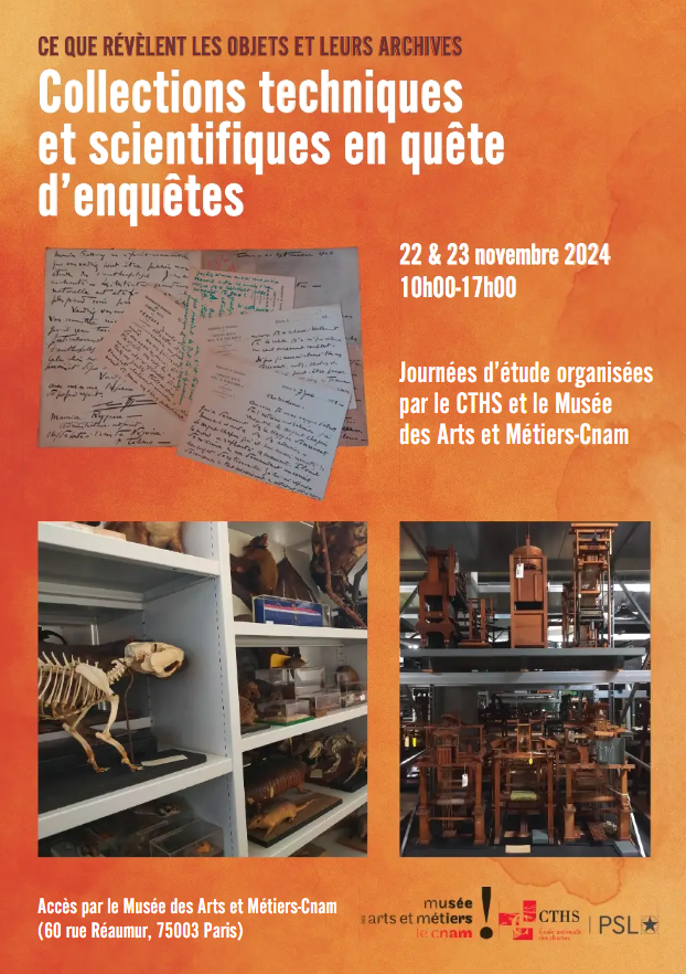 Image décorative : affiche des journées « Collections techniques et scientifiques en quête d’enquêtes » (reprenant les informations pratiques indiquées plus bas)