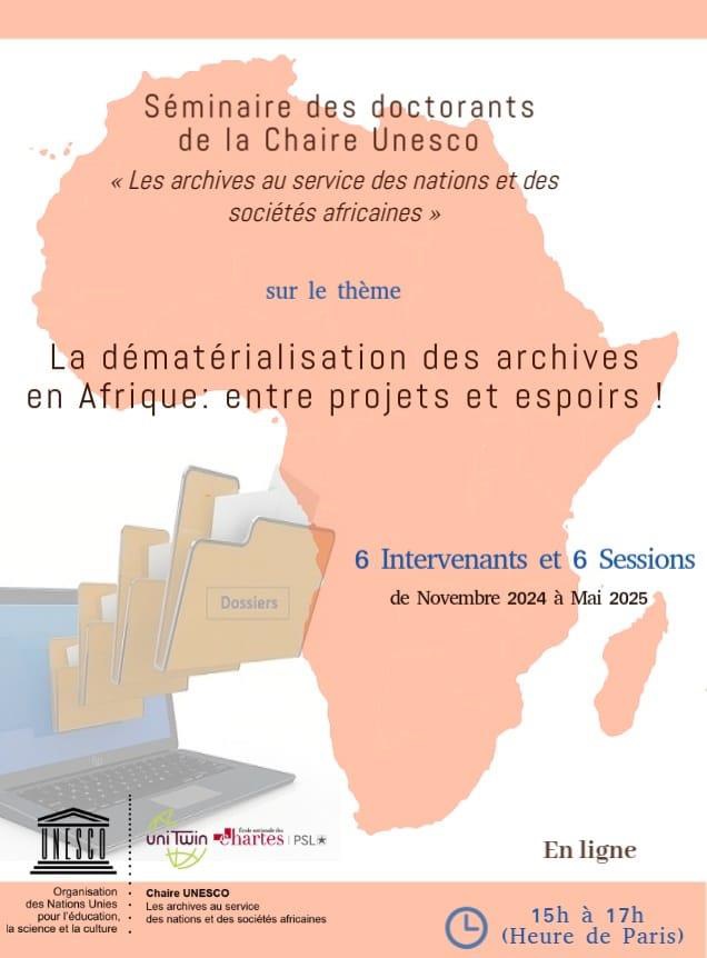 Image décorative : visuel du séminaire sur « La dématérialisation des archives en Afrique » comprenant les informations pratiques indiquées plus bas dans la page